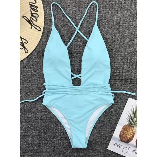 Padded Sleeveless Backless Belted Hollow Solid Color Woven Deep V-Neck One-Piece Swimwear Padded Sleeveless Backless Belted Hollow Solid Color Woven Deep V-Neck One-Piece Swimwear