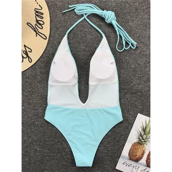 Padded Sleeveless Backless Belted Hollow Solid Color Woven Deep V-Neck One-Piece Swimwear Padded Sleeveless Backless Belted Hollow Solid Color Woven Deep V-Neck One-Piece Swimwear