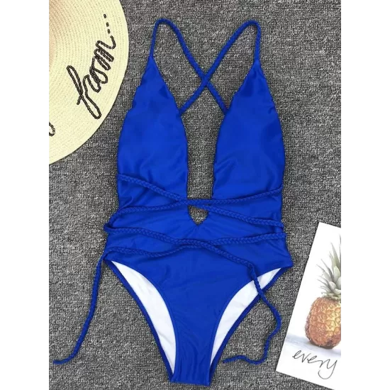 Padded Sleeveless Backless Belted Hollow Solid Color Woven Deep V-Neck One-Piece Swimwear Padded Sleeveless Backless Belted Hollow Solid Color Woven Deep V-Neck One-Piece Swimwear