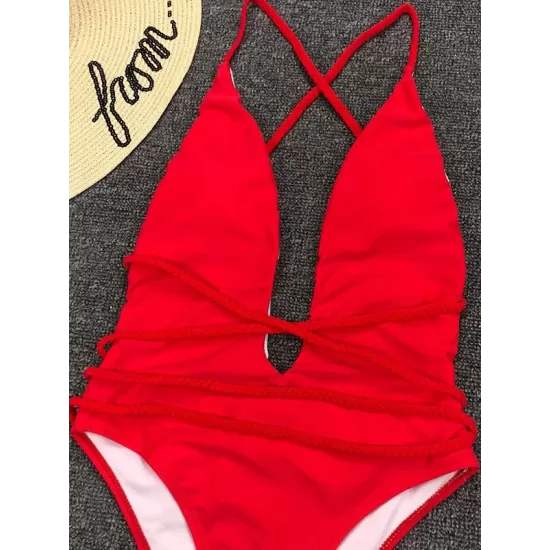 Padded Sleeveless Backless Belted Hollow Solid Color Woven Deep V-Neck One-Piece Swimwear Padded Sleeveless Backless Belted Hollow Solid Color Woven Deep V-Neck One-Piece Swimwear