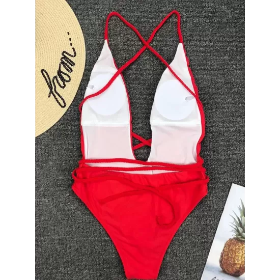 Padded Sleeveless Backless Belted Hollow Solid Color Woven Deep V-Neck One-Piece Swimwear Padded Sleeveless Backless Belted Hollow Solid Color Woven Deep V-Neck One-Piece Swimwear