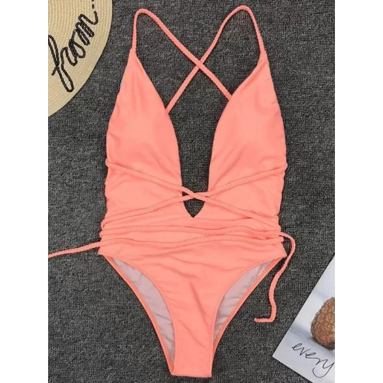 Padded Sleeveless Backless Belted Hollow Solid Color Woven Deep V-Neck One-Piece Swimwear Padded Sleeveless Backless Belted Hollow Solid Color Woven Deep V-Neck One-Piece Swimwear