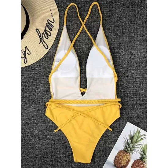 Padded Sleeveless Backless Belted Hollow Solid Color Woven Deep V-Neck One-Piece Swimwear Padded Sleeveless Backless Belted Hollow Solid Color Woven Deep V-Neck One-Piece Swimwear