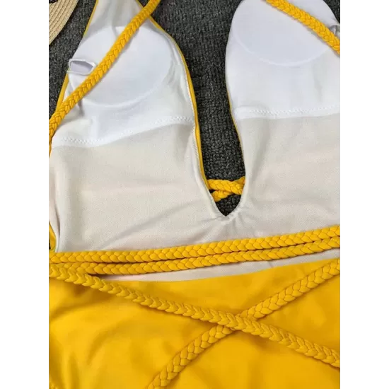 Padded Sleeveless Backless Belted Hollow Solid Color Woven Deep V-Neck One-Piece Swimwear Padded Sleeveless Backless Belted Hollow Solid Color Woven Deep V-Neck One-Piece Swimwear