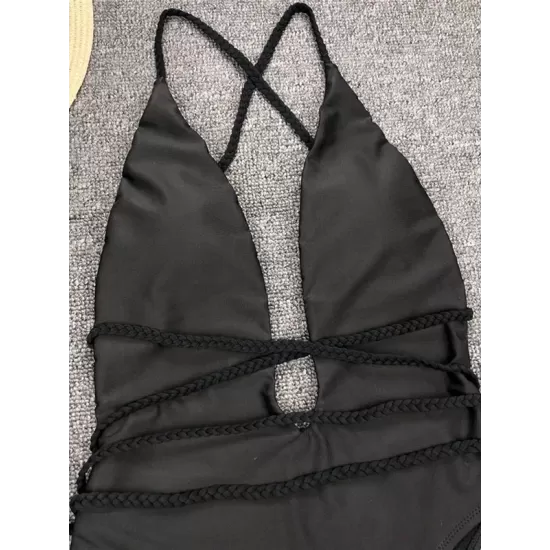 Padded Sleeveless Backless Belted Hollow Solid Color Woven Deep V-Neck One-Piece Swimwear Padded Sleeveless Backless Belted Hollow Solid Color Woven Deep V-Neck One-Piece Swimwear