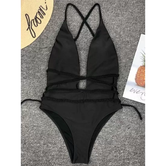 Padded Sleeveless Backless Belted Hollow Solid Color Woven Deep V-Neck One-Piece Swimwear Padded Sleeveless Backless Belted Hollow Solid Color Woven Deep V-Neck One-Piece Swimwear