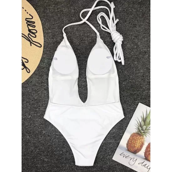 Padded Sleeveless Backless Belted Hollow Solid Color Woven Deep V-Neck One-Piece Swimwear Padded Sleeveless Backless Belted Hollow Solid Color Woven Deep V-Neck One-Piece Swimwear