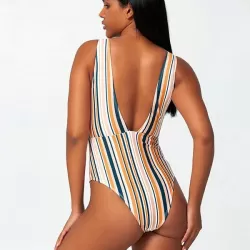 Sexy Deep V-Neck Hollow Stripes One-Piece Bikini Swimwear