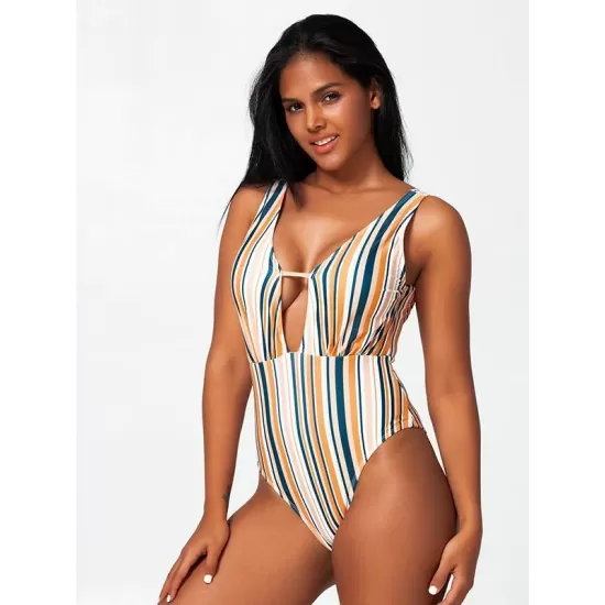 Sexy Deep V-Neck Hollow Stripes One-Piece Bikini Swimwear Sexy Deep V-Neck Hollow Stripes One-Piece Bikini Swimwear