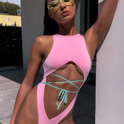 Solid Color Hollow Bandage One-Piece Swimsuit
