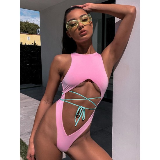 Solid Color Hollow Bandage One-Piece Swimsuit Solid Color Hollow Bandage One-Piece Swimsuit