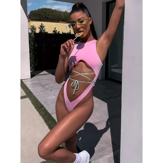 Solid Color Hollow Bandage One-Piece Swimsuit Solid Color Hollow Bandage One-Piece Swimsuit