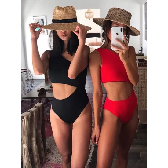One-Shoulder Hollow Solid Color One-Piece Swimsuit One-Shoulder Hollow Solid Color One-Piece Swimsuit