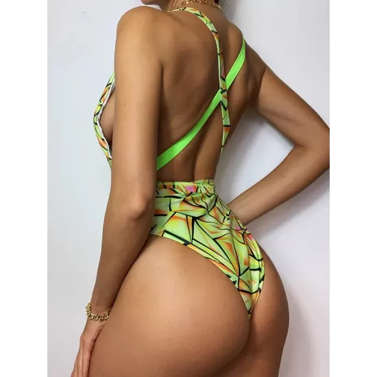 Color-Block Deep V-Neck Backless One-Piece Swimwear Color-Block Deep V-Neck Backless One-Piece Swimwear