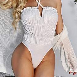 Plain Ruffled Bandeau Backless Tight One-Piece Swimwear