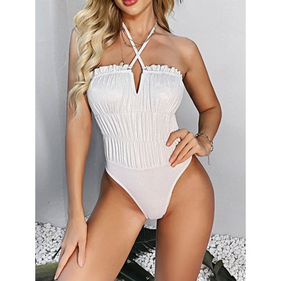 Plain Ruffled Bandeau Backless Tight One-Piece Swimwear Plain Ruffled Bandeau Backless Tight One-Piece Swimwear