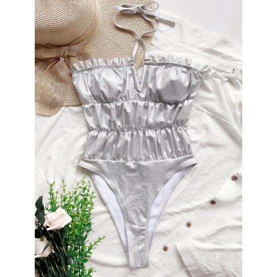 Plain Ruffled Bandeau Backless Tight One-Piece Swimwear Plain Ruffled Bandeau Backless Tight One-Piece Swimwear