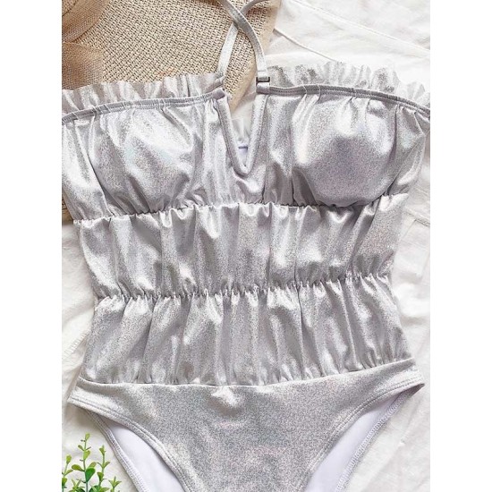 Plain Ruffled Bandeau Backless Tight One-Piece Swimwear Plain Ruffled Bandeau Backless Tight One-Piece Swimwear
