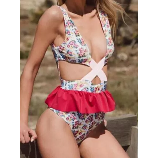 Monokini Sleeveles Backless Hollow Falbala One-Piece Swimwear Monokini Sleeveles Backless Hollow Falbala One-Piece Swimwear