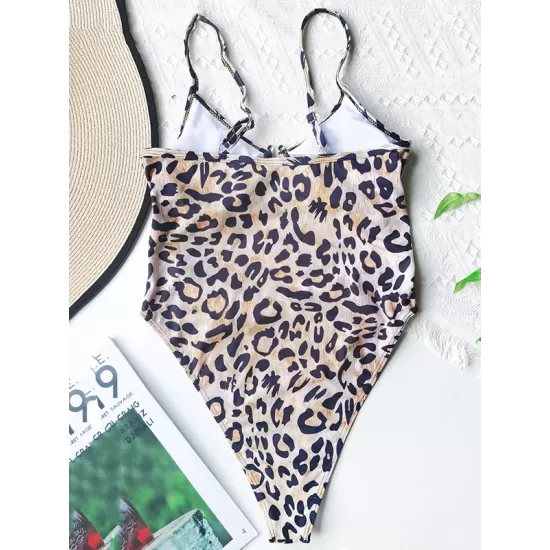 Spaghetti-Neck Leopard Print Hollow One-Piece Swimwear Spaghetti-Neck Leopard Print Hollow One-Piece Swimwear