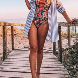 Floral Spaghetti-Neck Backless Hollow One-Piece Swimwear