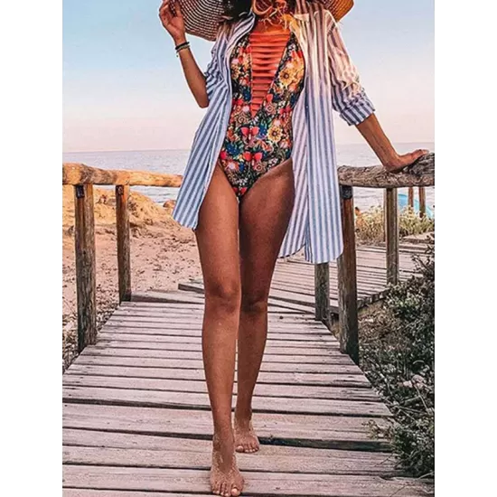 Floral Spaghetti-Neck Backless Hollow One-Piece Swimwear Floral Spaghetti-Neck Backless Hollow One-Piece Swimwear