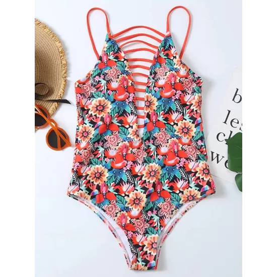 Floral Spaghetti-Neck Backless Hollow One-Piece Swimwear Floral Spaghetti-Neck Backless Hollow One-Piece Swimwear