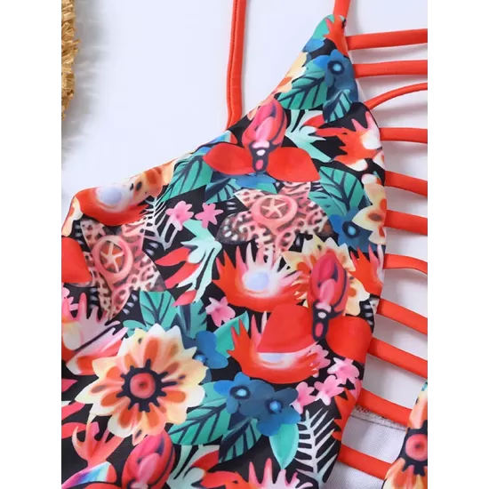 Floral Spaghetti-Neck Backless Hollow One-Piece Swimwear Floral Spaghetti-Neck Backless Hollow One-Piece Swimwear