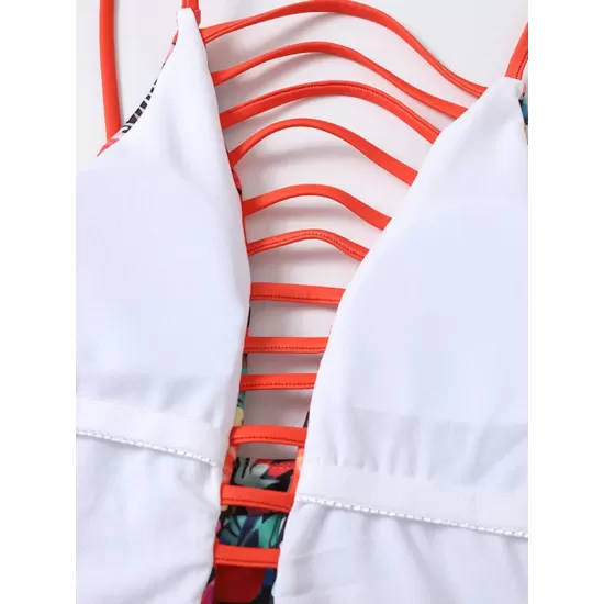 Floral Spaghetti-Neck Backless Hollow One-Piece Swimwear Floral Spaghetti-Neck Backless Hollow One-Piece Swimwear