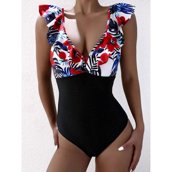 Short Sleeve Falbala Color-Block Backless One-Piece Swimwear Short Sleeve Falbala Color-Block Backless One-Piece Swimwear