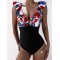 Short Sleeve Falbala Color-Block Backless One-Piece Swimwear