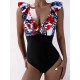 Short Sleeve Falbala Color-Block Backless One-Piece Swimwear Short Sleeve Falbala Color-Block Backless One-Piece Swimwear