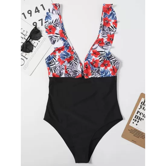 Short Sleeve Falbala Color-Block Backless One-Piece Swimwear Short Sleeve Falbala Color-Block Backless One-Piece Swimwear