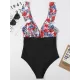 Short Sleeve Falbala Color-Block Backless One-Piece Swimwear Short Sleeve Falbala Color-Block Backless One-Piece Swimwear