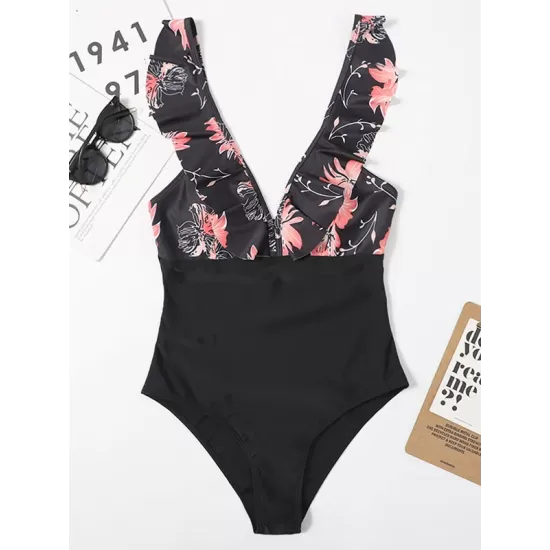 Short Sleeve Falbala Color-Block Backless One-Piece Swimwear Short Sleeve Falbala Color-Block Backless One-Piece Swimwear
