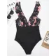 Short Sleeve Falbala Color-Block Backless One-Piece Swimwear Short Sleeve Falbala Color-Block Backless One-Piece Swimwear