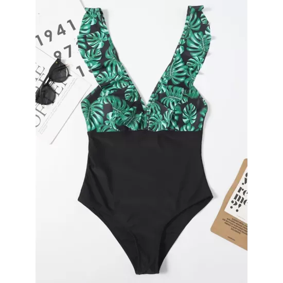 Short Sleeve Falbala Color-Block Backless One-Piece Swimwear Short Sleeve Falbala Color-Block Backless One-Piece Swimwear