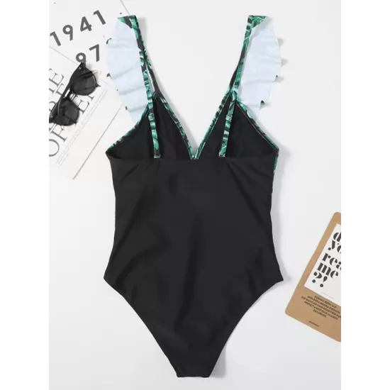 Short Sleeve Falbala Color-Block Backless One-Piece Swimwear Short Sleeve Falbala Color-Block Backless One-Piece Swimwear