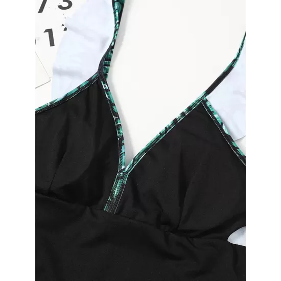 Short Sleeve Falbala Color-Block Backless One-Piece Swimwear Short Sleeve Falbala Color-Block Backless One-Piece Swimwear