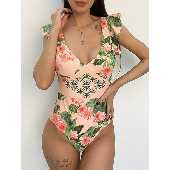 Deep V-Neck Falbala Padded Backless One-Piece Swimwear Deep V-Neck Falbala Padded Backless One-Piece Swimwear