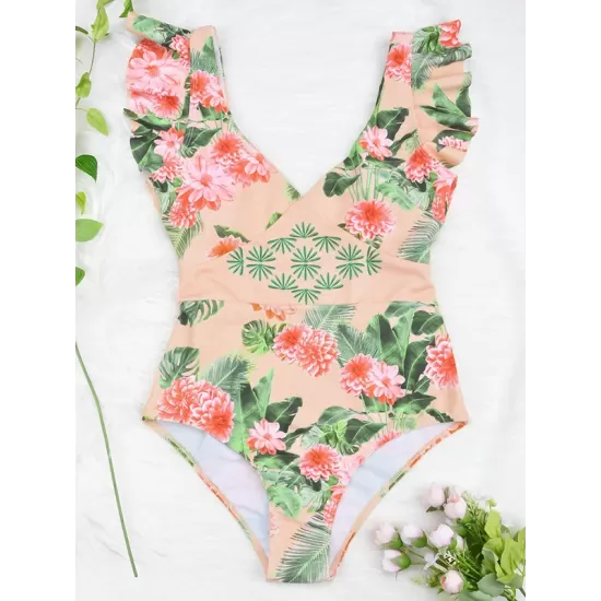 Deep V-Neck Falbala Padded Backless One-Piece Swimwear Deep V-Neck Falbala Padded Backless One-Piece Swimwear