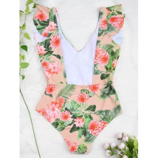 Deep V-Neck Falbala Padded Backless One-Piece Swimwear Deep V-Neck Falbala Padded Backless One-Piece Swimwear
