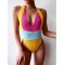 Contrast Color Halterneck Deep V-Neck Backless One-Piece Swimwear