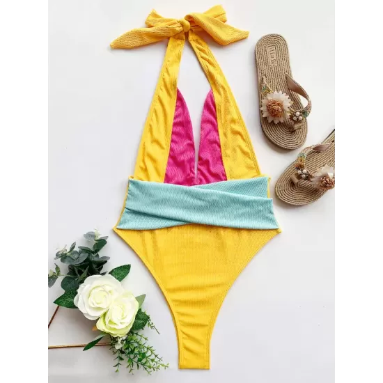 Contrast Color Halterneck Deep V-Neck Backless One-Piece Swimwear Contrast Color Halterneck Deep V-Neck Backless One-Piece Swimwear