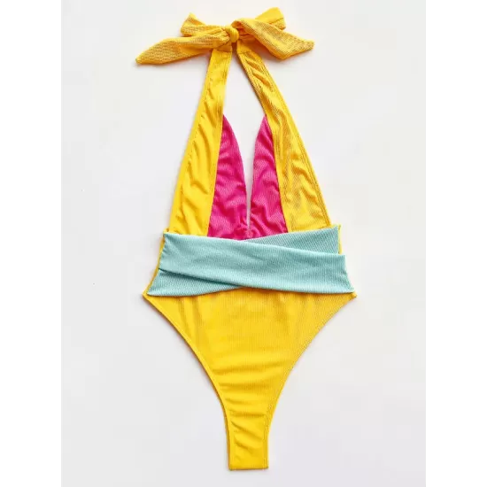Contrast Color Halterneck Deep V-Neck Backless One-Piece Swimwear Contrast Color Halterneck Deep V-Neck Backless One-Piece Swimwear