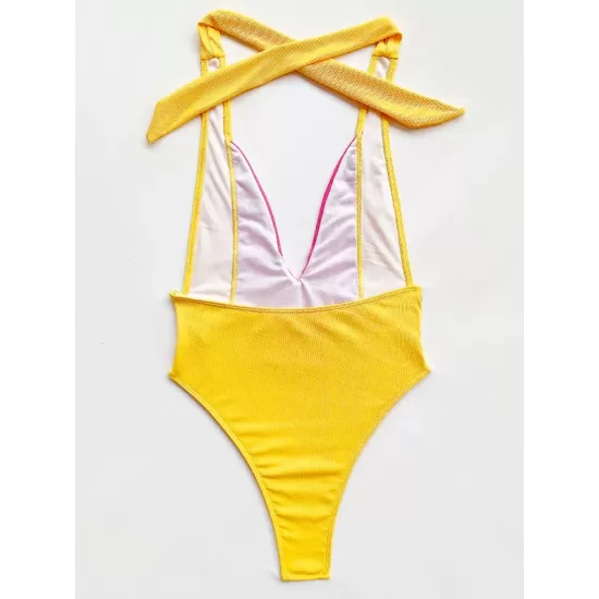 Contrast Color Halterneck Deep V-Neck Backless One-Piece Swimwear Contrast Color Halterneck Deep V-Neck Backless One-Piece Swimwear