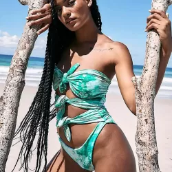 Tie-Dyed Off-The-Shoulder Bandage Hollow One-Piece Swimwear