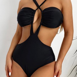 Solid Color Monokini Halterneck Hollow Backless One-Piece Swimwear