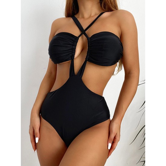 Solid Color Monokini Halterneck Hollow Backless One-Piece Swimwear Solid Color Monokini Halterneck Hollow Backless One-Piece Swimwear