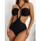 Solid Color Monokini Halterneck Hollow Backless One-Piece Swimwear
